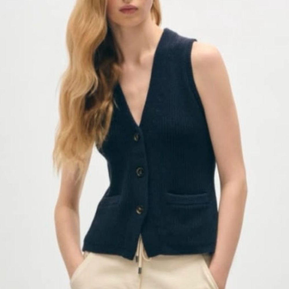 White + Warren Navy Button-Up Vest Cotton Linen Blend size M